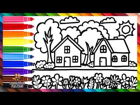 Desenhar e Colorir uma Paisagem de Rua com Casas 🏠🌳🏠🌼🌷⛅🌈 Desenhos para Crianças