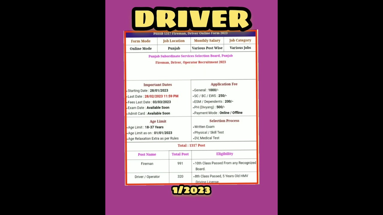 psssb driver vacancy 2023 