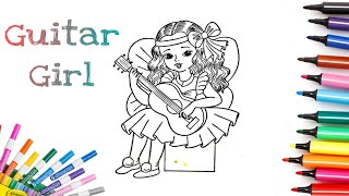 Colour Beautiful Long Hair Girl With Guitar| Drawing Book | Coloring Pages