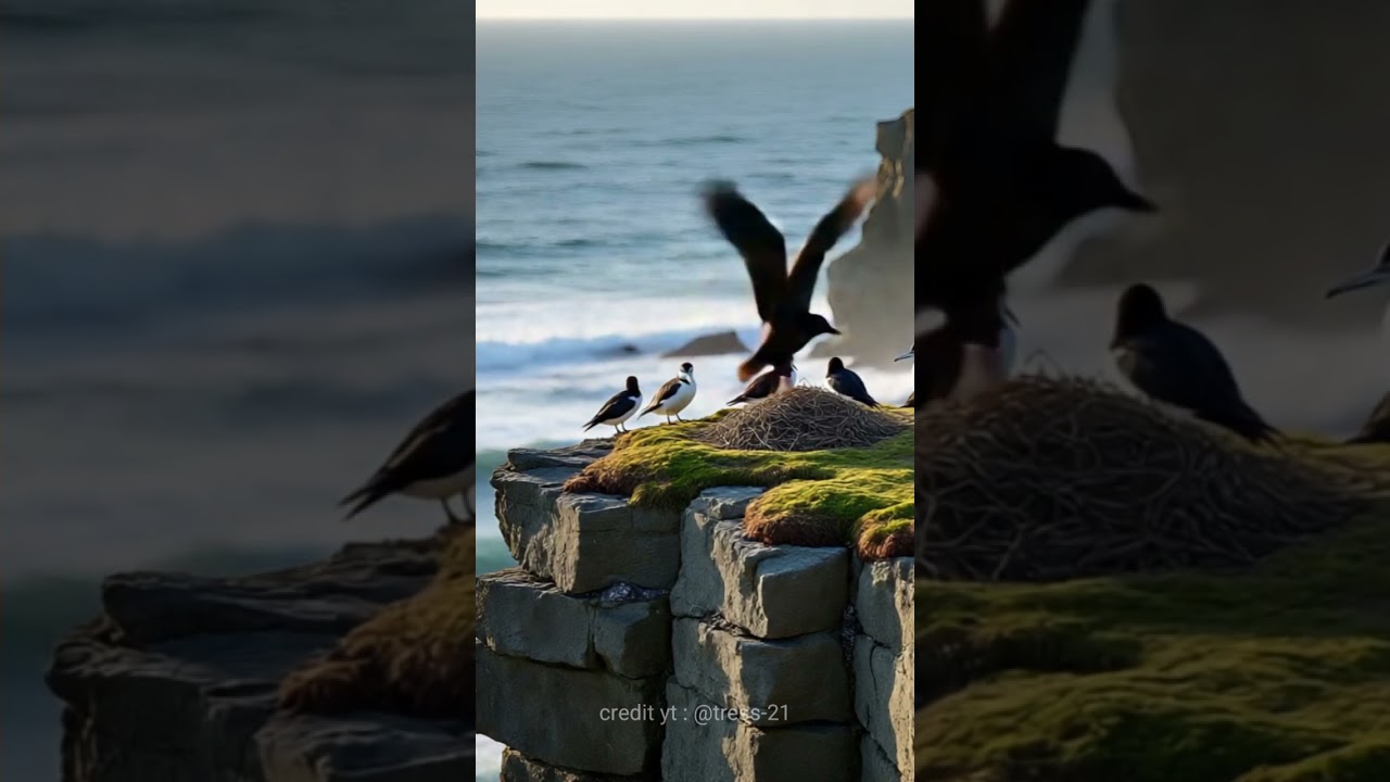 the sea atmosphere is calm and a family of birds