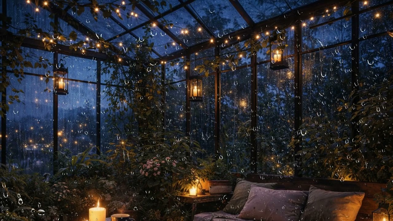 5 Hours Rainy Night in a Cozy Greenhouse 🌧️ | Warm Candlelight Ambience