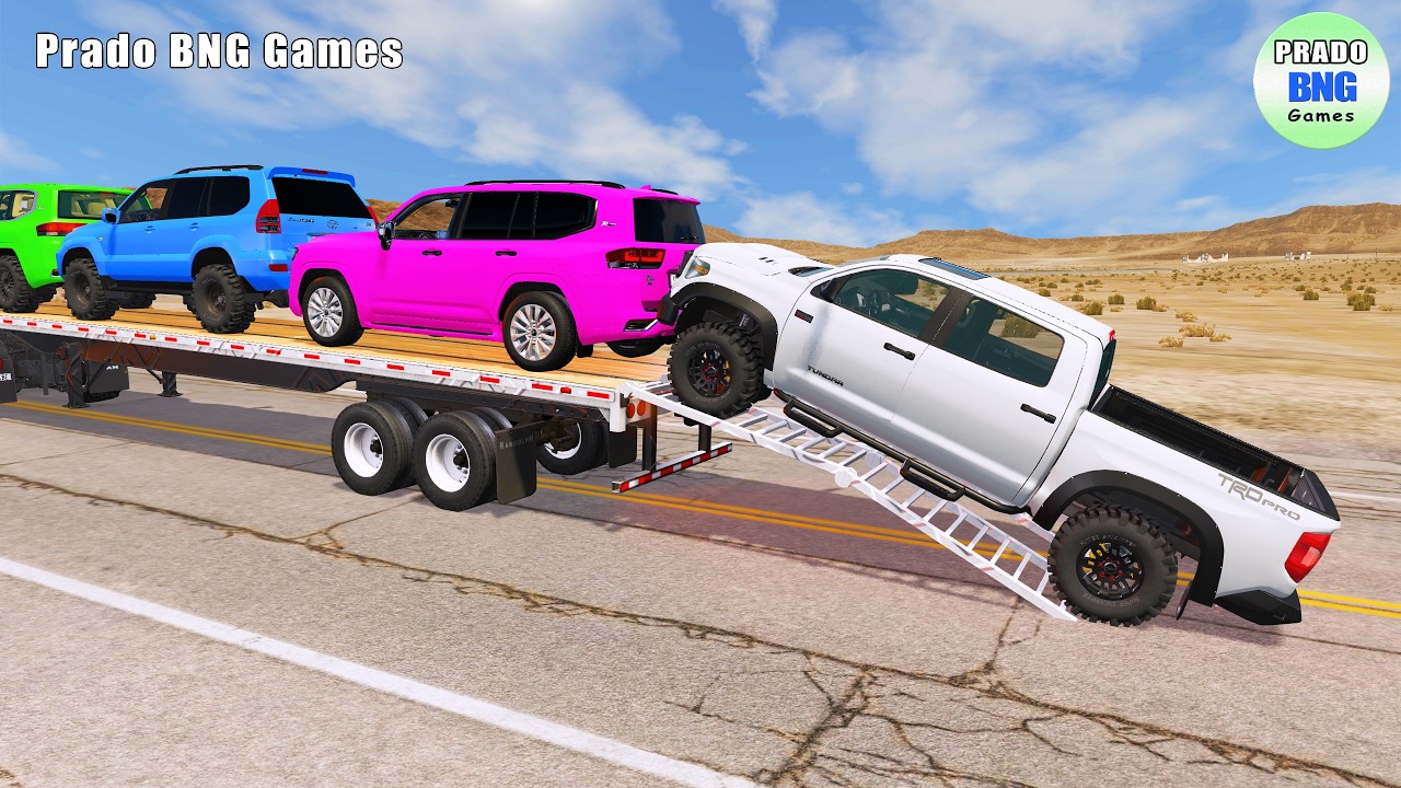 Toyota, Mercedes, трактор и грузовик с платформой против поезда – BeamNG.drive 451