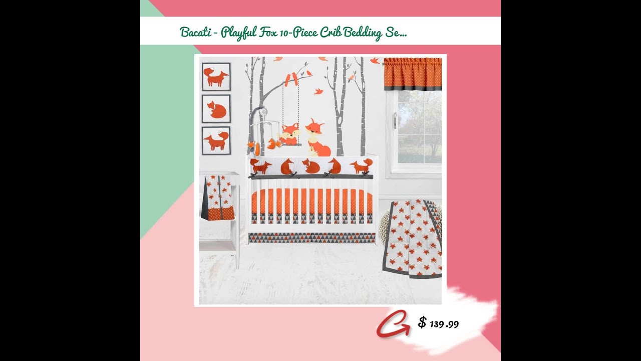 Bacati - Playful Fox 10-Piece Crib Bedding Set with Crib Rail Guard - Orange/Grey Unisex