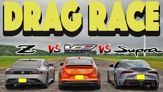 2023 Cadillac CT4 V Blackwing vs Toyota GR Supra vs Nissan Z, RWD Battle! Drag and Roll Race.