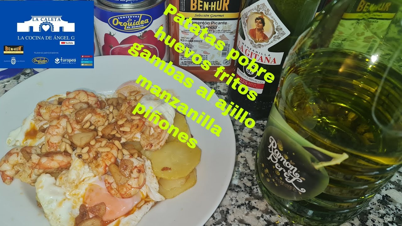 Patatas a lo pobre y huevos fritos con gambas al ajillo y piñones