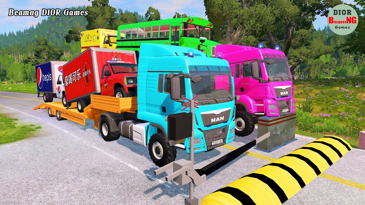 Double Flatbed Trailer Truck vs speed bumps|Busses vs speed bumps|Beamng Drive|1268
