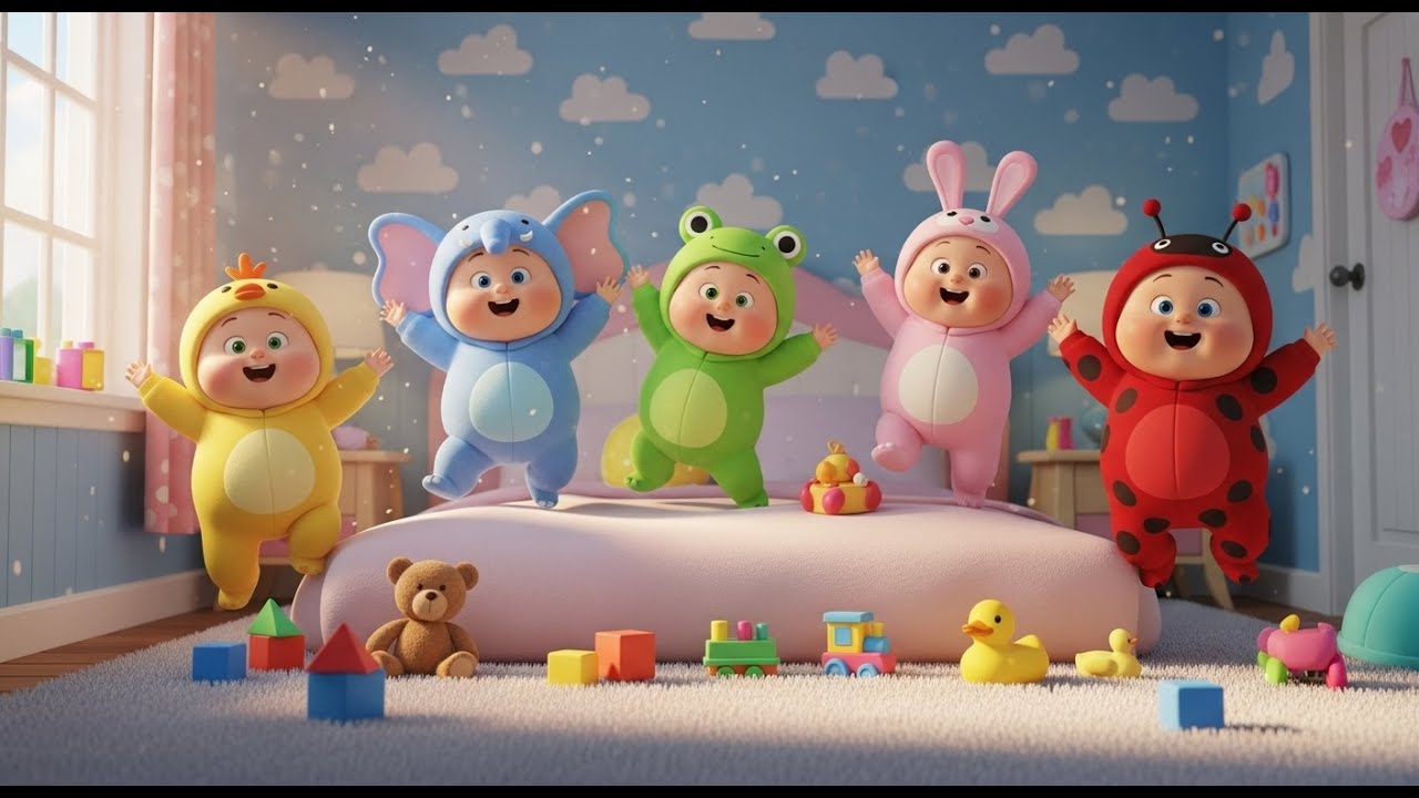Five Little Babies Jumping on the Bed | 3D Nursery Rhyme for Kids | Baby Songs 4K