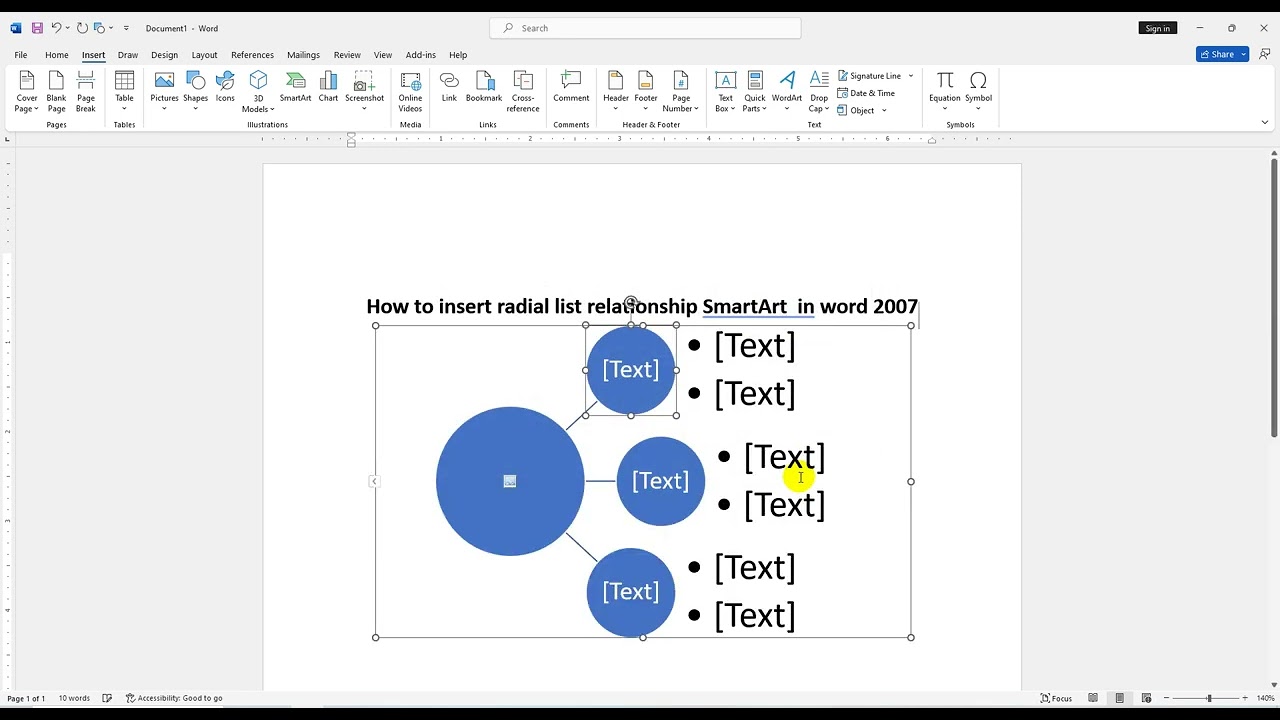 How to insert radial list relationship SmartArt  in word 2007