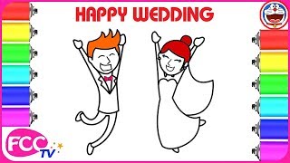 Wedding Bride and Groom Coloring Pages | How to Draw Boy and Girl & Learning Colors for Baby