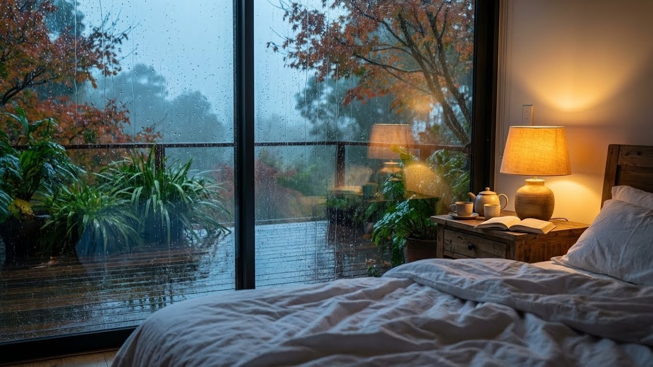 [Midnight Calm] Autumn Rain on Window and Bedside Tea View to Fall Asleep Instantly ☕🍂