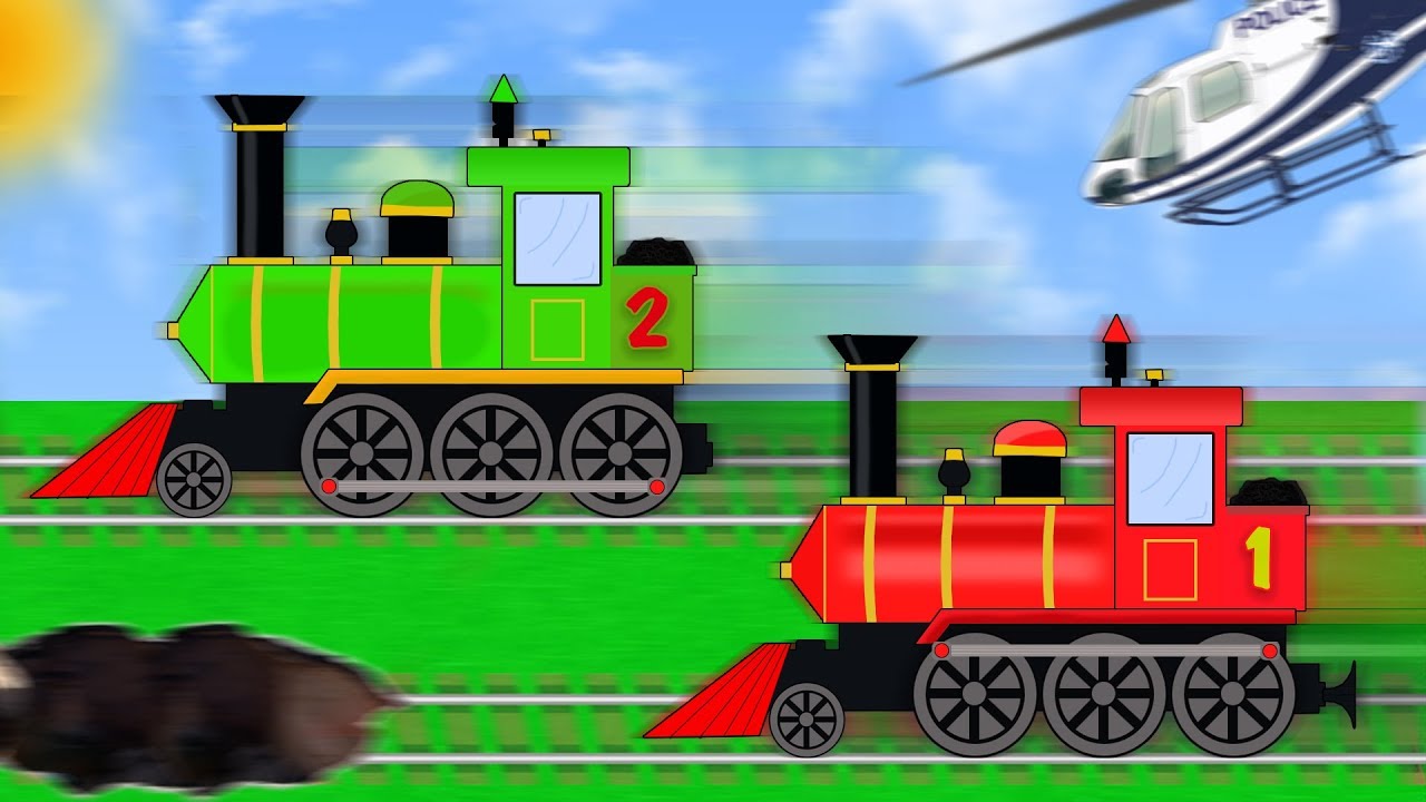 🏁 Races on Trails. Red Train Vs Green Train🚂🚁. Cartoon with Locomotives ...