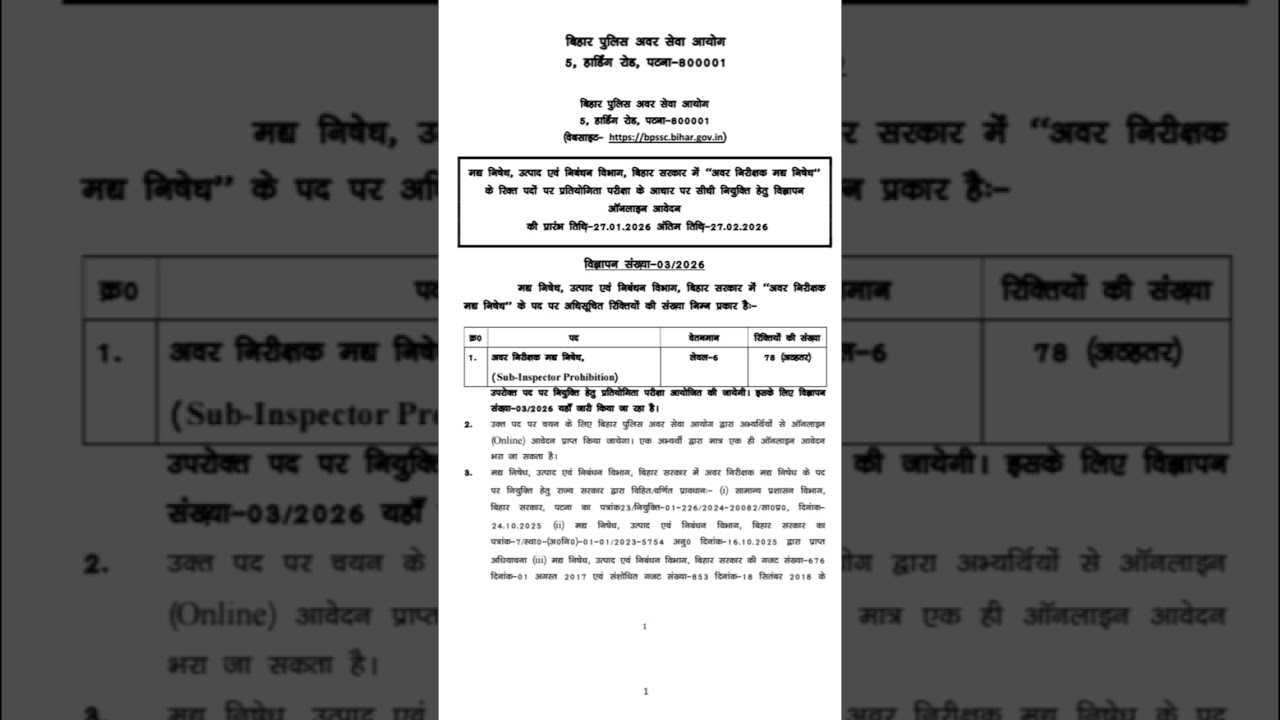 Bihar SI Prohibition Vacancy 2026 🔥 | BPSSC 03/2026 | 78 Post | Apply  Details 