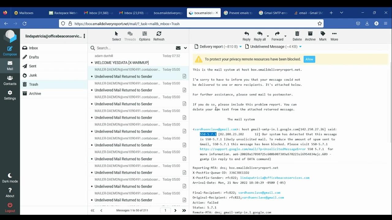 550, 5.7.1, Email quota exceeded ! Email Marketing YouTube