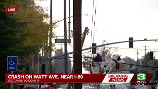 Crash on Watt Avenue near I-80 damages power pole in Sacramento County