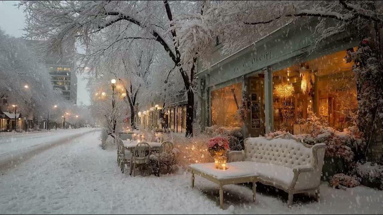 Winter Snowfall at a Cozy Outdoor Café with Gentle Piano Music for Stress Relief and Deep Rest