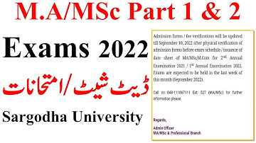 MA MSc Part 1 & 2 2nd Annual & 1st Annual 2022 Exams Date Sheet Exam Date Sargodha University UOS