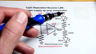 Light dependent resistor LDR sensor improved LM358 single supply op amp comparator circuit with LEDs