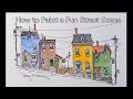 How to paint a Fun Street Scene Line and Wash Watercolor. Peter Sheeler