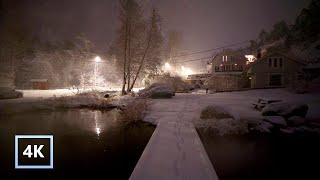 Walking in Snowfall at Night in Stockholm, Sweden, Sounds from Snow, Relaxing walk. 4K UHD