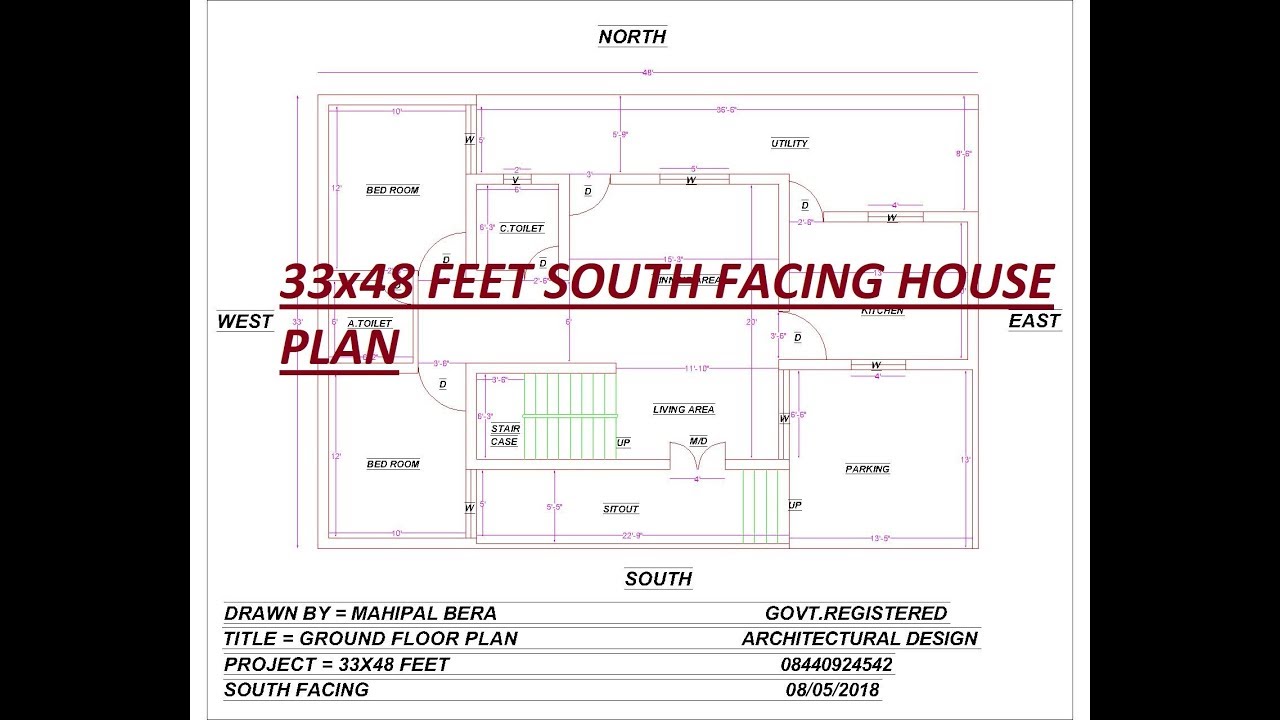 33x48 feet south  facing  house  plan  car parking 2 BHK 