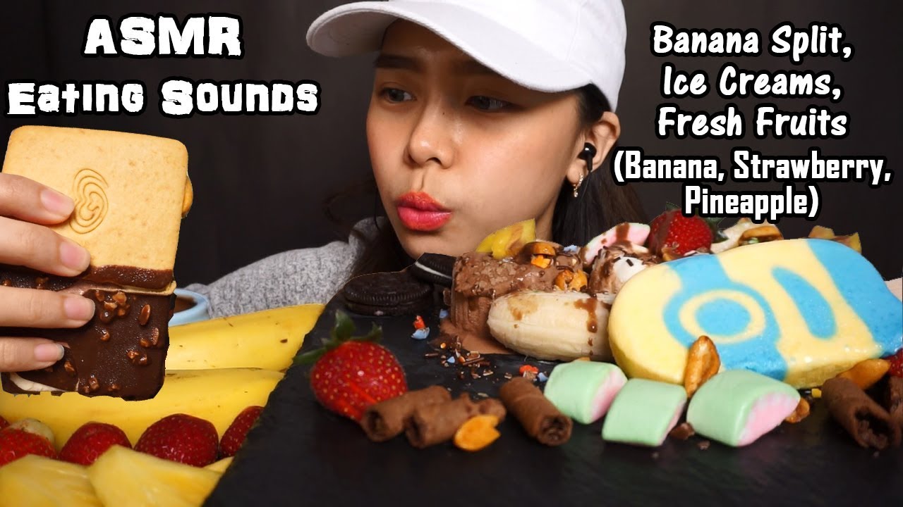 ASMR Banana Split Ice Cream & Fresh Fruits Crunchy Eating Sounds No Talking YouTube