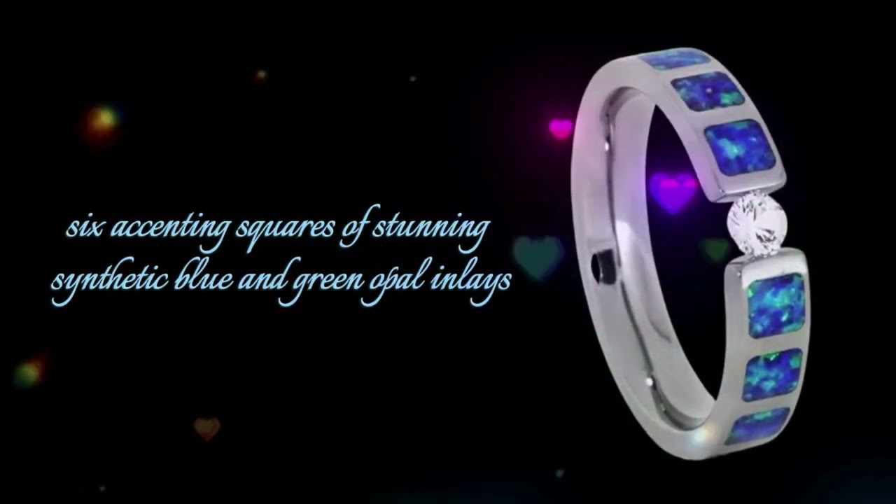 💙White Sapphire, Lab Created Blue and Green Opal Inlays 4mm Comfort-Fit Titanium Wedding Band💙
