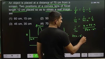An object is placed at a distance of 75 cm from a screen. Two positions of a convex lens of focal