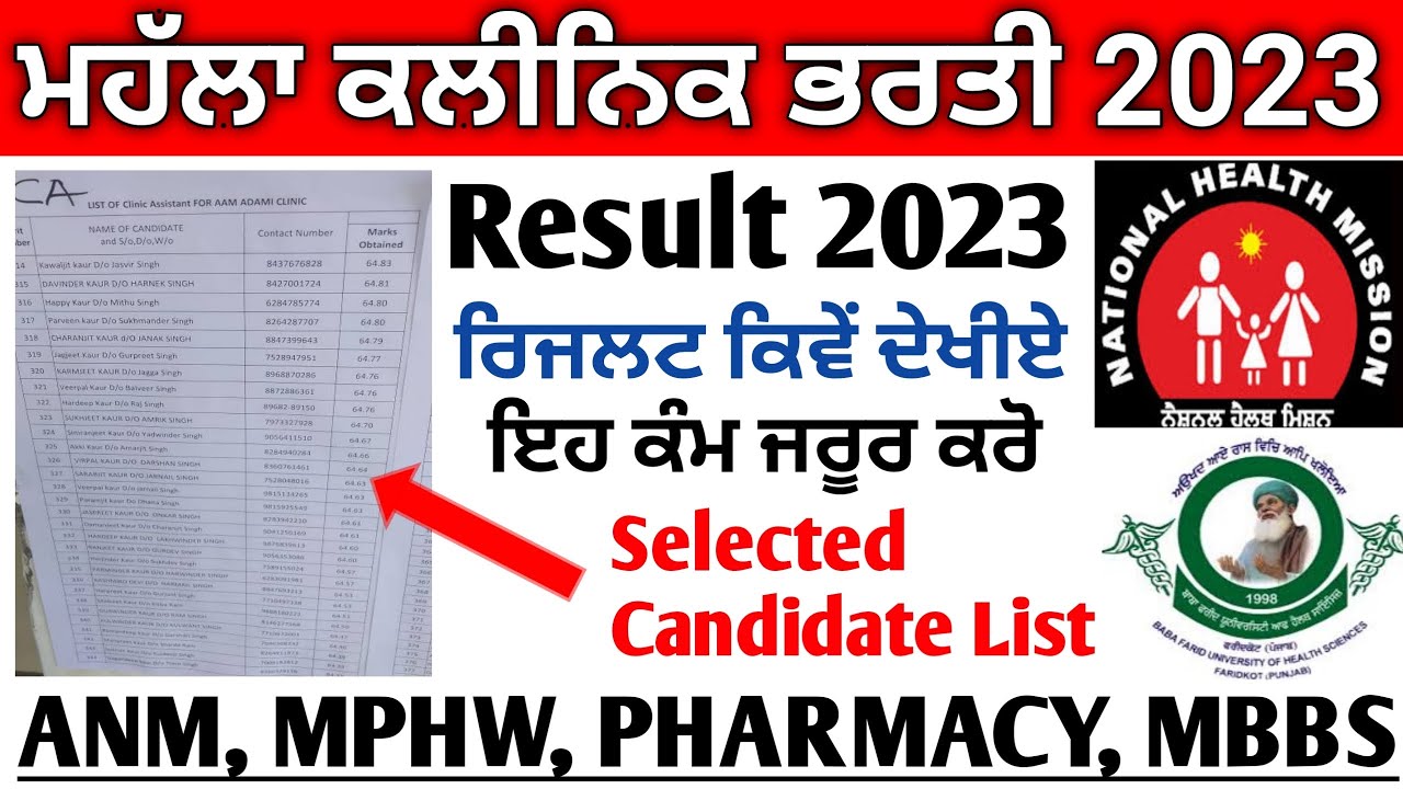 Nhm Punjab Mohalla Clinic Result 2023 | Aam Aadmi clinic interview result out | Anm interview Result