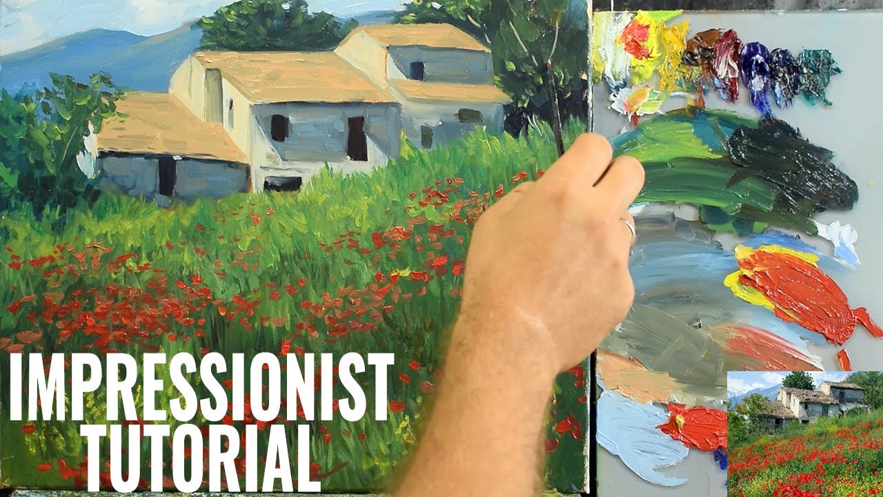 How to Paint LIKE Impressionist | Old Houses With Poppy Flower Field ...