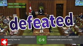 Conservative amendment to hate crime Bill C-9 DEFEATED in the House