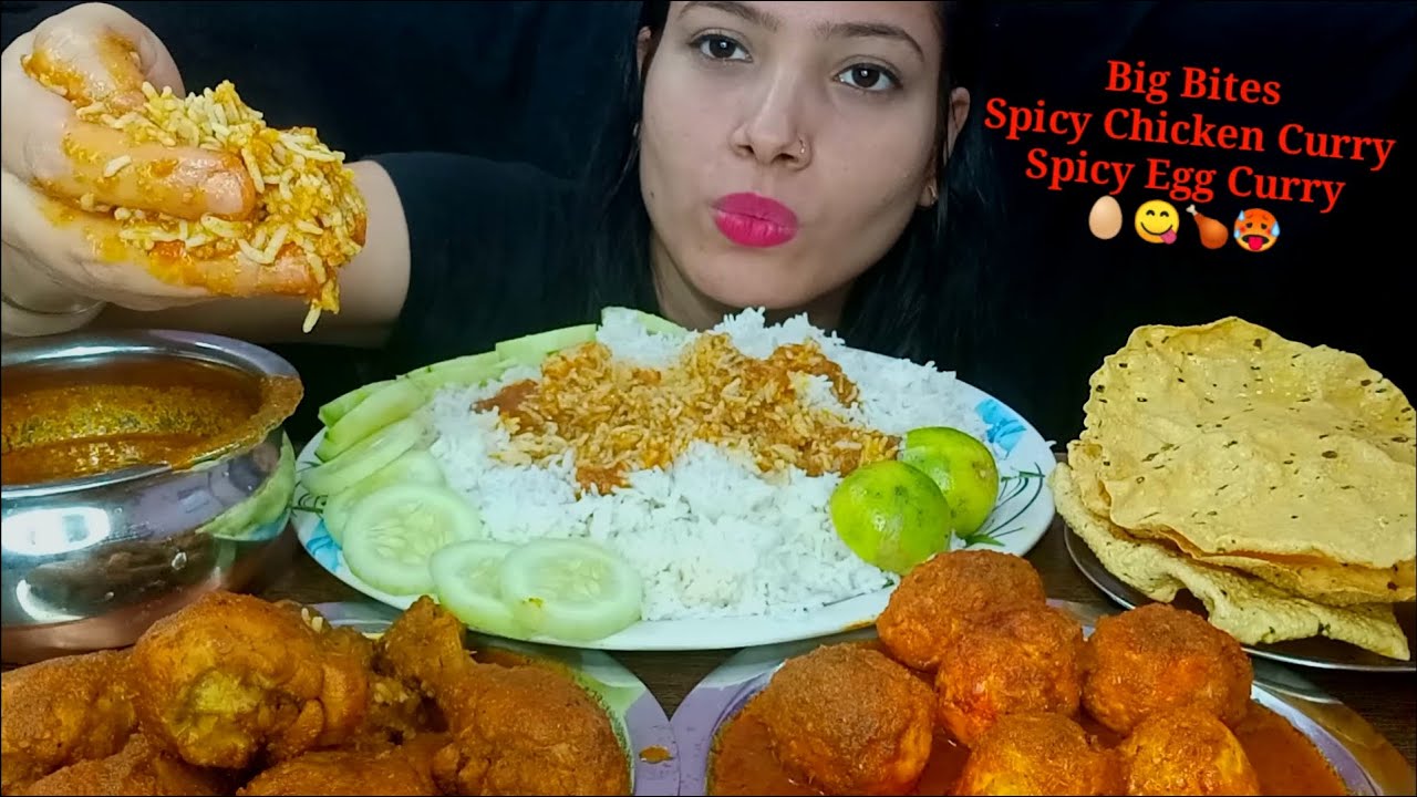 Eating Spicy Chicken Curry, Spicy Egg Curry With Rice Huge Indian
