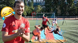 TIRER SUR UNE BACHE REMPLIE DE SAVON !  (Slip 'N' slide football Challenge)