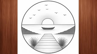 Learn to draw a Beach sunset in circle || Easy Pencil Scenery step by step 