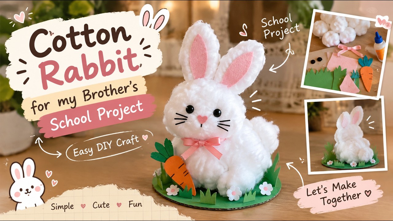 🐰 Making a Cute Cotton Rabbit for My Brother's School Project