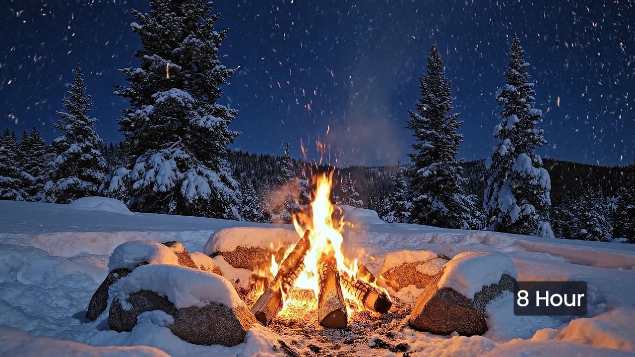 Snowstorm Campfire in the Rocky Mountains | Dark Winter Fire Ambience | 8 Hours