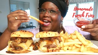 MUSHROOM AND SWISS BURGERS HOMEMADE FRENCH FRIES RECIPE + MUKBANG | Asmr 실제 요리 소리