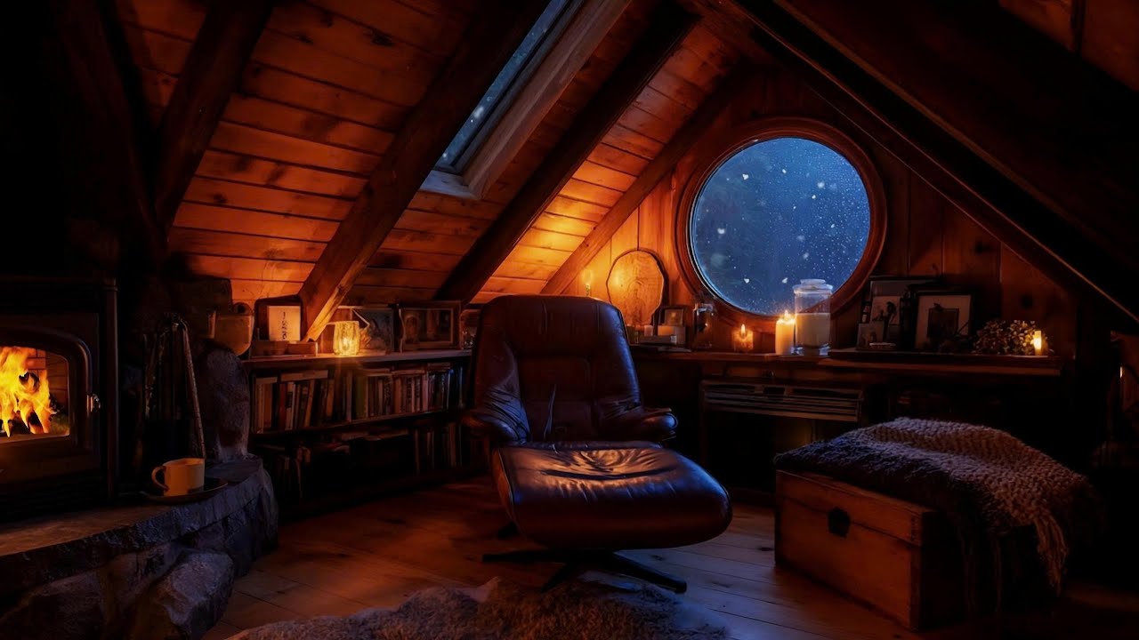 A Quiet Attic at Night, Firelight, Soft Snow & Calm Winter Silence