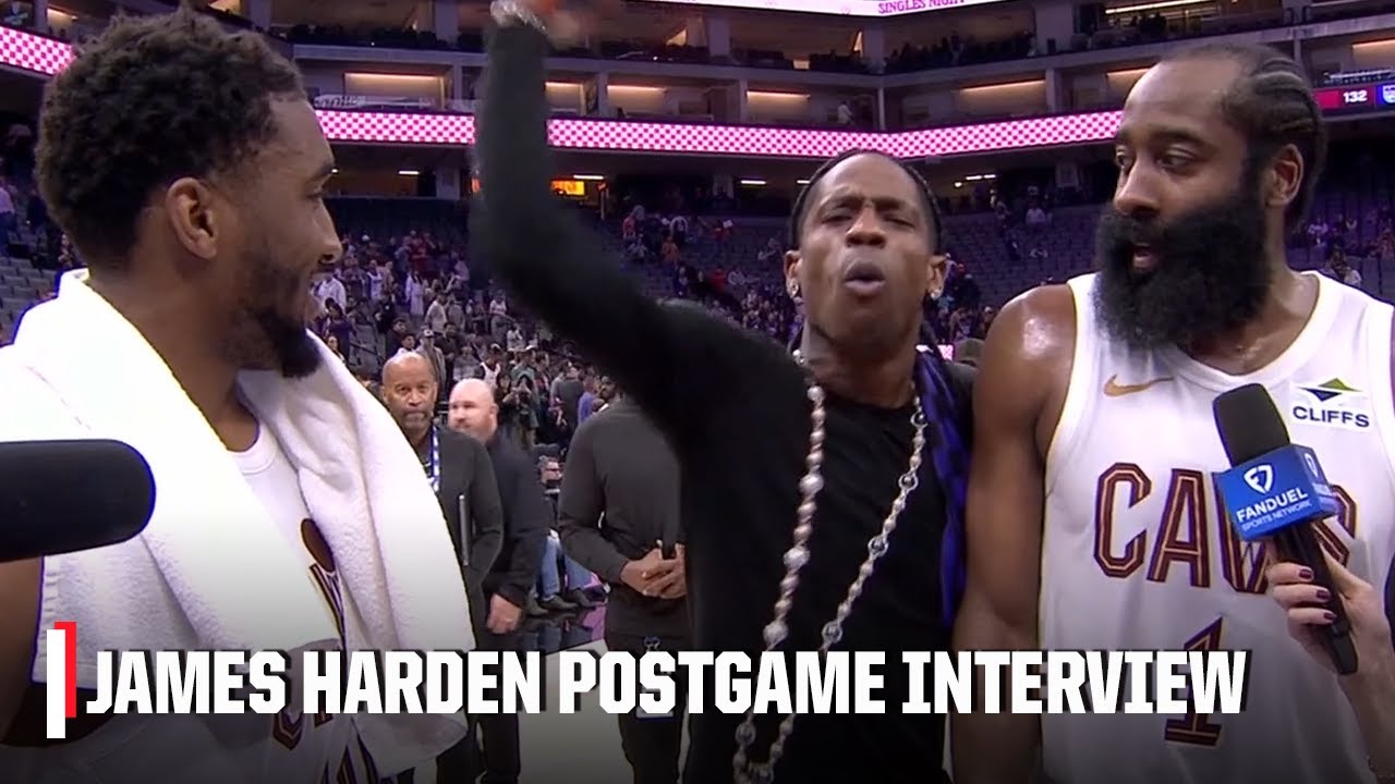 Travis Scott crashes James Harden’s postgame interview after Cavs debut | NBA on ESPN