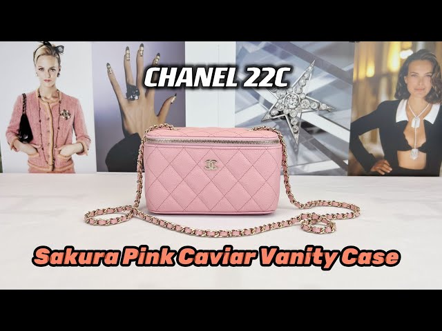 Unboxing ! Chanel 22C Sakura Pink Caviar Vanity Case with Chain , Champagne  Gold Hardware. 