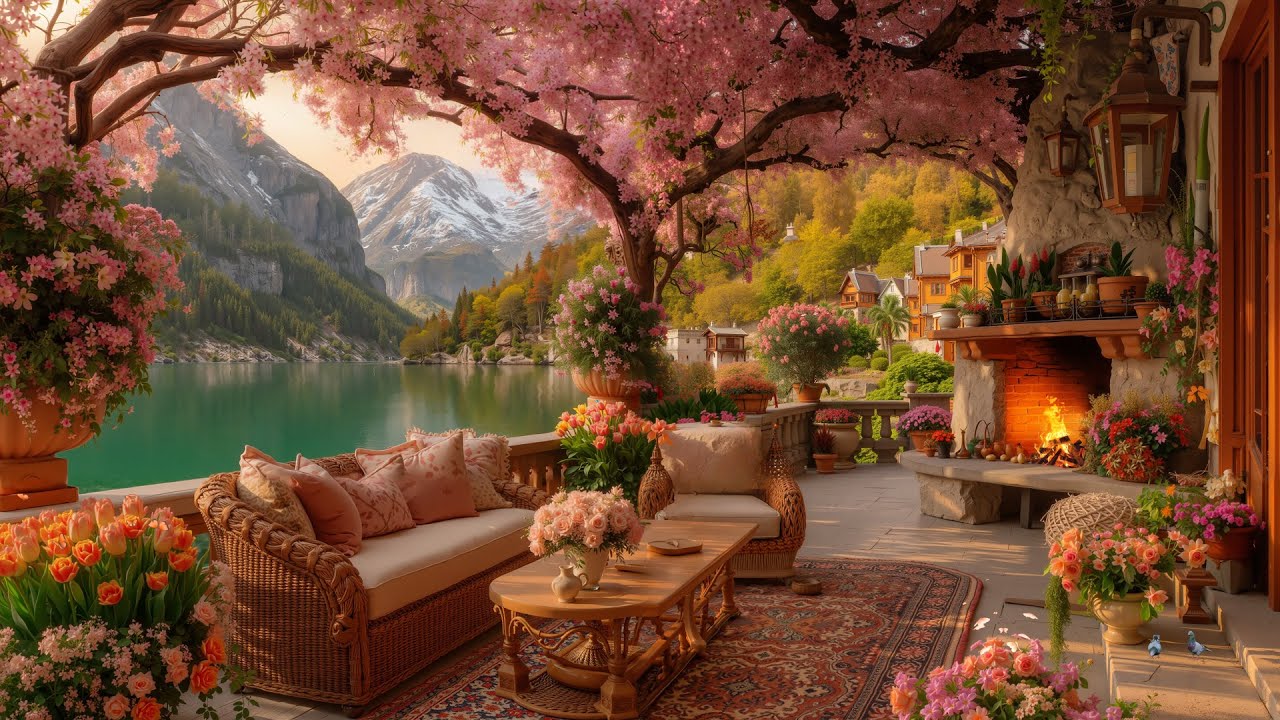Fresh Spring Morning by the Lake 🌸 Gentle Piano & Soft Fireplace for Relax , Work