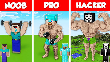 GYM MUSCLE STATUE BASE HOUSE BUILD CHALLENGE - NOOB vs PRO vs HACKER / Minecraft Battle Animation