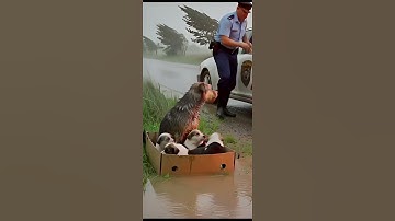 Kind Officer Saves Wet Dog and Her Puppies from Rising Floodwaters #animalrescue