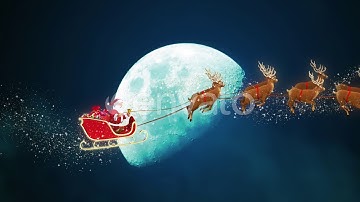 Santa Claus Riding Reindeer Sleigh on Sky Crossing Moon