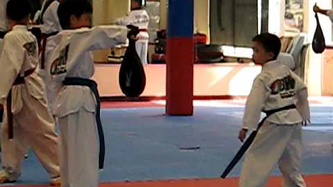 5 yr old Derrick  Blue Belt Taekwondo spin and bac...