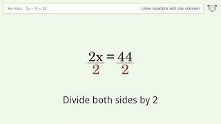 Linear equation with one unknown: Solve 2x-9=35 step-by-step solution