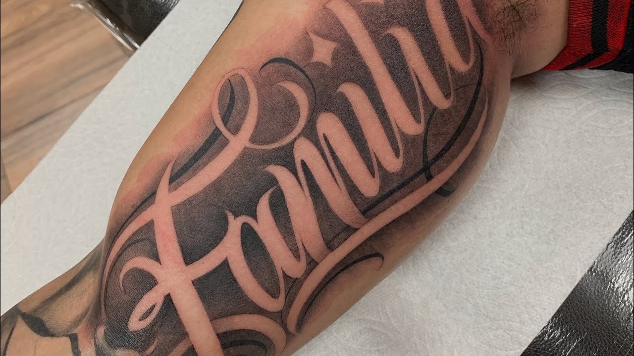 Family tattoo with negative font in 2023  Tattoo script Family tattoos  Forearm name tattoos