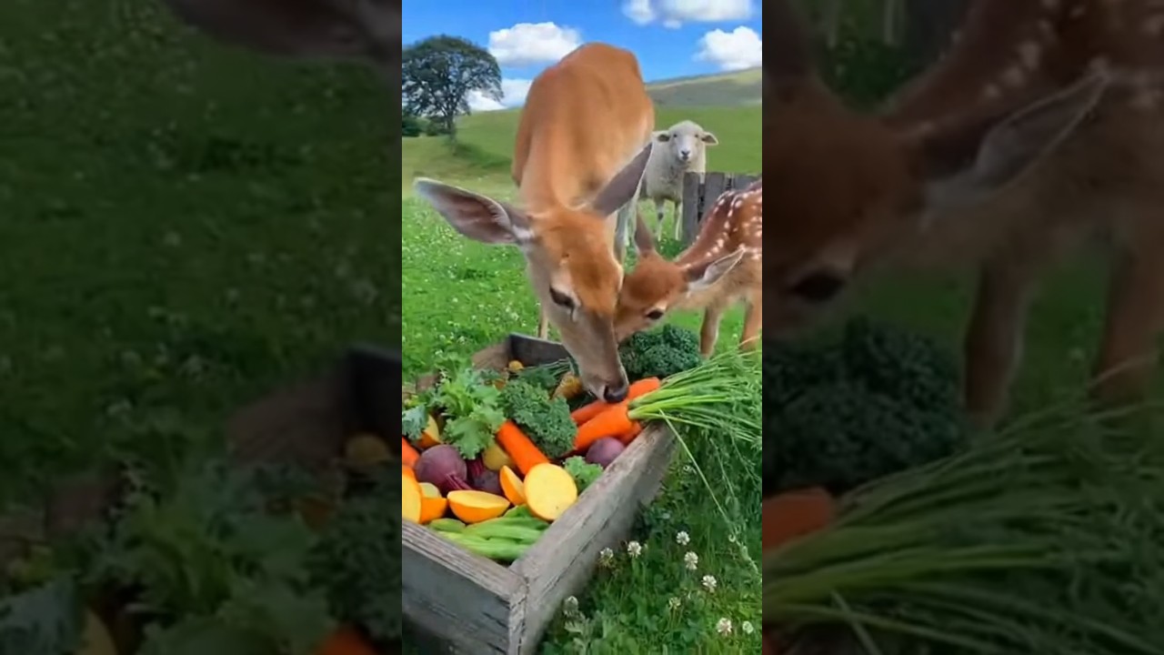 Deer eating sheep's dinner