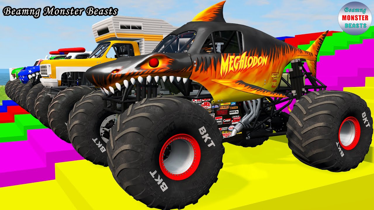 Monster Truck Transport on Triple Flatbed Trailer – BeamNG Monster Beasts 