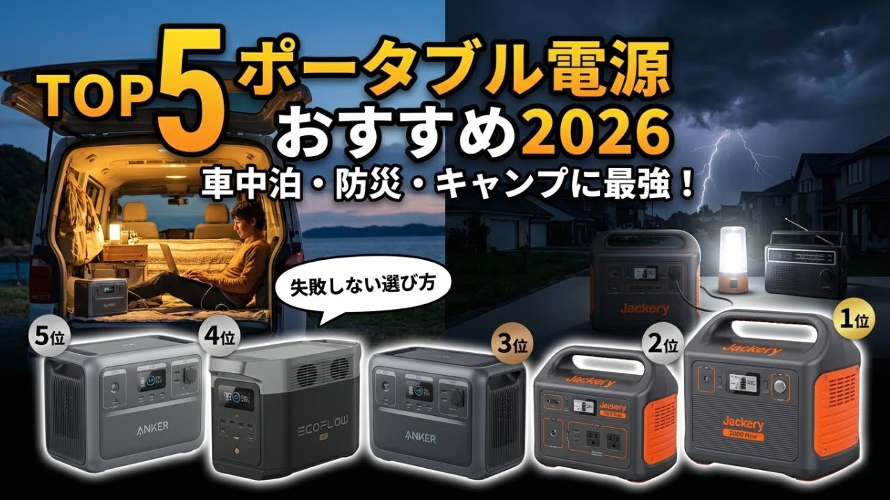 2026年最新】ポータブル電源 おすすめ 5選！車中泊・災害時・キャンプ