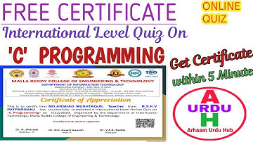 C- PROGRAMMING|ONLINE QUIZ|INTERNATIONAL LEVEL QUIZ ON C-PROGRAMMING|FREE QUIZ CERTIFICATE